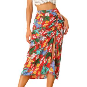 imageAllegra K Womens Hawaiian Skirts Summer Beach Ruched Split Thigh Tropical SkirtRed