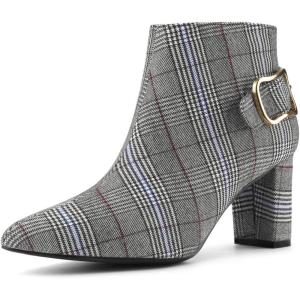 imageAllegra K Womens Plaid Pointed Toe Chunky Heels Ankle BootsBlack White