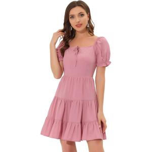 imageAllegra K Womens Ruffle Sleeve Tie Neck Tiered Square Neck DressPink