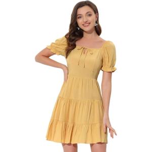 imageAllegra K Womens Ruffle Sleeve Tie Neck Tiered Square Neck DressYellow