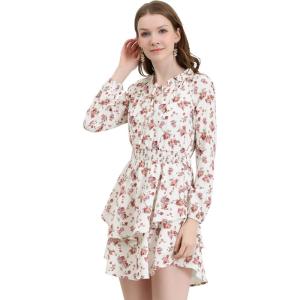 imageAllegra K Womens Ruffled Floral Smocked Waist Layered Tiered Chiffon DressBeige Floral