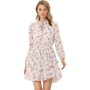 imageAllegra K Womens Ruffled Floral Smocked Waist Layered Tiered Chiffon DressPink