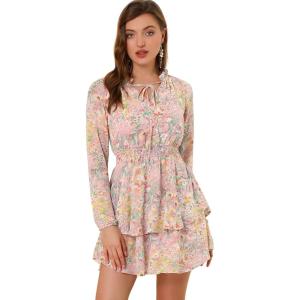 imageAllegra K Womens Ruffled Floral Smocked Waist Layered Tiered Chiffon DressPink Yellow