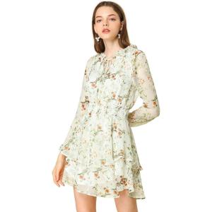 imageAllegra K Womens Ruffled Floral Smocked Waist Layered Tiered Chiffon DressWhite