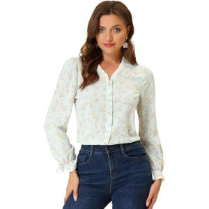 imageAllegra K Ditsy Floral Blouse for Womens Lace Trim V Neck Chiffon Elegant TopLight Blue