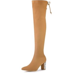 imageAllegra K Womens Chunky Heels Bling Rhinestone Over the Knee High BootsCamel