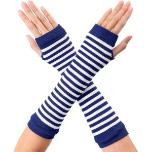 imageAllegra K Womens Fingerless Gloves Printed Elbow Length Knitted Arm WarmersBlue White