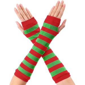 imageAllegra K Womens Fingerless Gloves Printed Elbow Length Knitted Arm WarmersRed Green Wide Stripes
