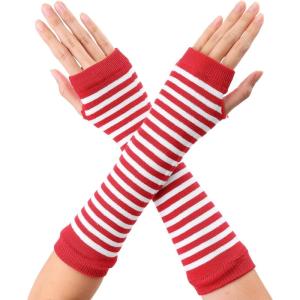 imageAllegra K Womens Fingerless Gloves Printed Elbow Length Knitted Arm WarmersRed White