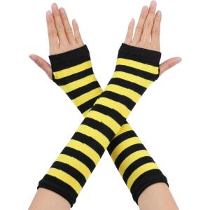 imageAllegra K Womens Fingerless Gloves Printed Elbow Length Knitted Arm WarmersYellow Black Wide Stripes