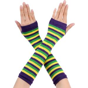 imageAllegra K Womens Fingerless Gloves Printed Elbow Length Knitted Arm WarmersYellow Green Navy