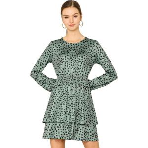 imageAllegra K Womens Leopard Print Round Neck Smock Waist Long Sleeve Ruffle Mini DressGreen