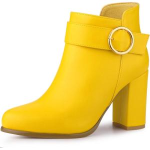 imageAllegra K Womens Round Toe Circle Buckle Chunky Heels Ankle BootsYellow