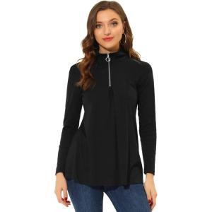 imageAllegra K Womens Swing Blouse Mock Neck Long Sleeve Zip Up Tunic TopBlack