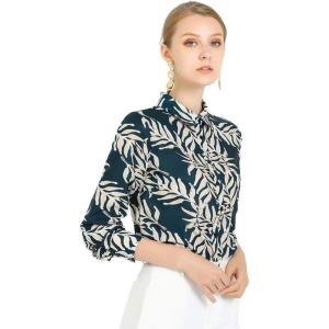 imageAllegra K Womens Tropical Print Blouse Lapel Collar Long Sleeve Elegant Button Down ShirtBluetropical Leaves