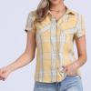 imageAllegra K Womens Cotton Classic Button Down Western Plaid ShirtYellow Blue