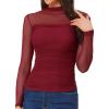 imageAllegra K Mesh Top Women Sheer Long Sleeve Mock Neck Slim Fit Shirts Trendy Fall Outfit Ruched Going Out TopsRed