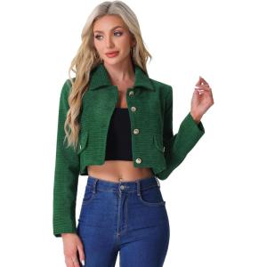 imageAllegra K Button Blazer for Womens Short Suit Collared Crop Tweed JacketGreen