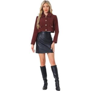 imageAllegra K Button Blazer for Womens Short Suit Collared Crop Tweed JacketWine Red