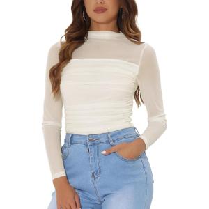 imageAllegra K Mesh Top Women Sheer Long Sleeve Mock Neck Slim Fit Shirts Trendy Fall Outfit Ruched Going Out TopsApricot