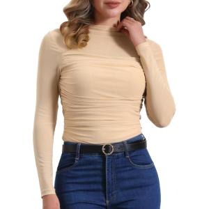 imageAllegra K Mesh Top Women Sheer Long Sleeve Mock Neck Slim Fit Shirts Trendy Fall Outfit Ruched Going Out TopsApricots