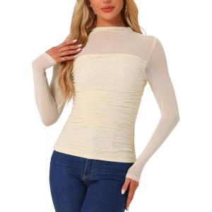 imageAllegra K Mesh Top Women Sheer Long Sleeve Mock Neck Slim Fit Shirts Trendy Fall Outfit Ruched Going Out TopsBeige