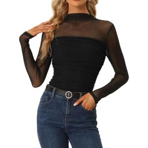 imageAllegra K Mesh Top Women Sheer Long Sleeve Mock Neck Slim Fit Shirts Trendy Fall Outfit Ruched Going Out TopsBlack