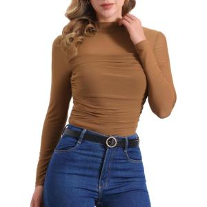 imageAllegra K Mesh Top Women Sheer Long Sleeve Mock Neck Slim Fit Shirts Trendy Fall Outfit Ruched Going Out TopsBrown