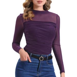 imageAllegra K Mesh Top Women Sheer Long Sleeve Mock Neck Slim Fit Shirts Trendy Fall Outfit Ruched Going Out TopsPurple
