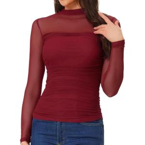 imageAllegra K Mesh Top Women Sheer Long Sleeve Mock Neck Slim Fit Shirts Trendy Fall Outfit Ruched Going Out TopsRed