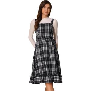 imageAllegra K Plaid Dress for Women Ruffled Sleeveless Vintage Tie Waist ALine Pinafore Overall DressesBlack White