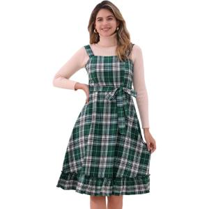 imageAllegra K Plaid Dress for Women Ruffled Sleeveless Vintage Tie Waist ALine Pinafore Overall DressesGreen