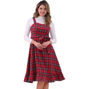 imageAllegra K Plaid Dress for Women Ruffled Sleeveless Vintage Tie Waist ALine Pinafore Overall DressesRed