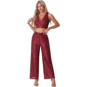 imageAllegra K Sequin Sets for Womens Cocktail Prom Tank Crop Top Wide Legs Pants Sparkle Two Piece OutfitBurgundy