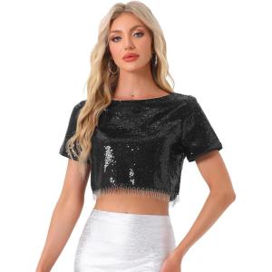 imageAllegra K Sequin Tops for Womens Glitter Short Sleeve Cropped Round Neck Tassel Cocktail Party Sparkly TopBlack
