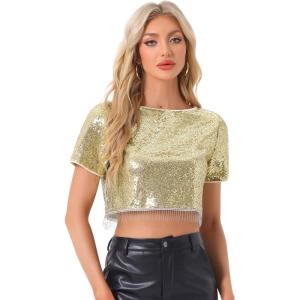 imageAllegra K Sequin Tops for Womens Glitter Short Sleeve Cropped Round Neck Tassel Cocktail Party Sparkly TopChampagne Gold