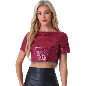 imageAllegra K Sequin Tops for Womens Glitter Short Sleeve Cropped Round Neck Tassel Cocktail Party Sparkly TopDark Rose