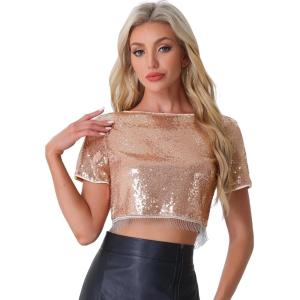 imageAllegra K Sequin Tops for Womens Glitter Short Sleeve Cropped Round Neck Tassel Cocktail Party Sparkly TopRose Gold