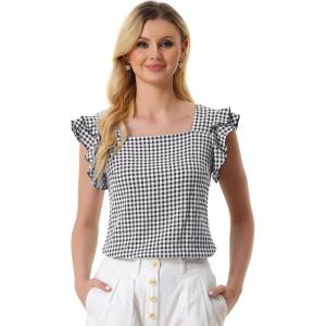 imageAllegra K Summer Gingham Tops for Womens Square Neck Ruffle Cap Sleeve BlousesBlack