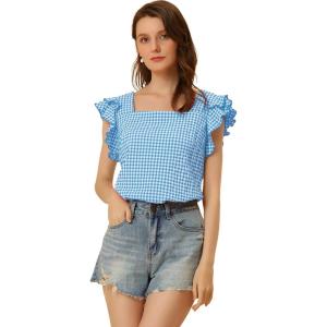 imageAllegra K Summer Gingham Tops for Womens Square Neck Ruffle Cap Sleeve BlousesBlue
