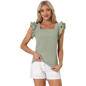 imageAllegra K Summer Gingham Tops for Womens Square Neck Ruffle Cap Sleeve BlousesDark Green
