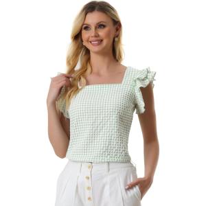 imageAllegra K Summer Gingham Tops for Womens Square Neck Ruffle Cap Sleeve BlousesGreen