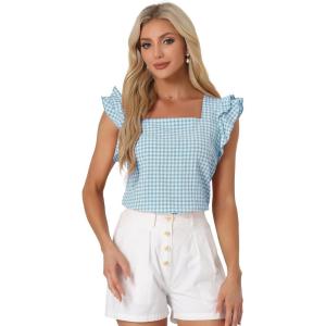 imageAllegra K Summer Gingham Tops for Womens Square Neck Ruffle Cap Sleeve BlousesLake Blue