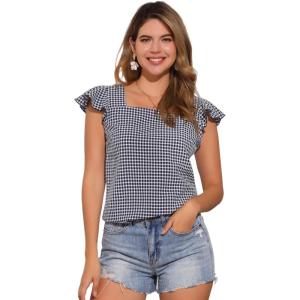 imageAllegra K Summer Gingham Tops for Womens Square Neck Ruffle Cap Sleeve BlousesNavy Blue