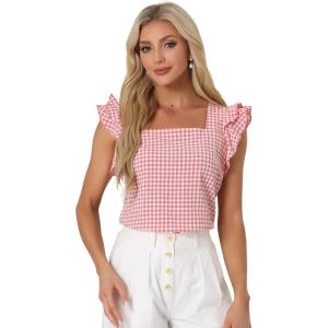 imageAllegra K Summer Gingham Tops for Womens Square Neck Ruffle Cap Sleeve BlousesPink