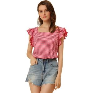 imageAllegra K Summer Gingham Tops for Womens Square Neck Ruffle Cap Sleeve BlousesRed