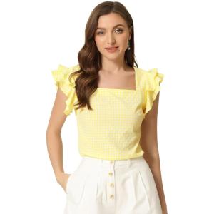 imageAllegra K Summer Gingham Tops for Womens Square Neck Ruffle Cap Sleeve BlousesYellow