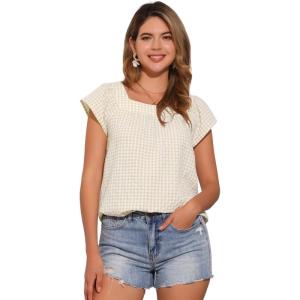 imageAllegra K Summer Square Neck Gingham Tops for Womens Cap Sleeve Tshirts BlousesApricot White