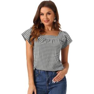 imageAllegra K Summer Square Neck Gingham Tops for Womens Cap Sleeve Tshirts BlousesBlack