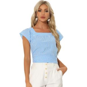 imageAllegra K Summer Square Neck Gingham Tops for Womens Cap Sleeve Tshirts BlousesBlue